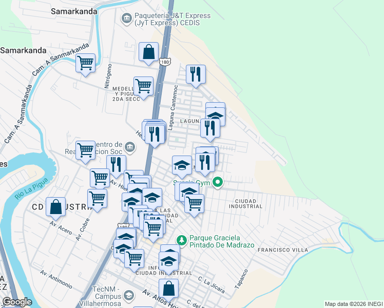 map of restaurants, bars, coffee shops, grocery stores, and more near La Venta Poniente in Villahermosa