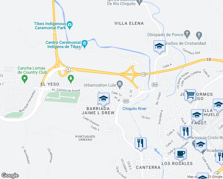 map of restaurants, bars, coffee shops, grocery stores, and more near Calle 5 in Ponce