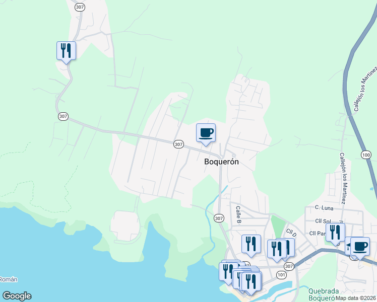map of restaurants, bars, coffee shops, grocery stores, and more near Paseo De Los Veteranos in Cabo Rojo