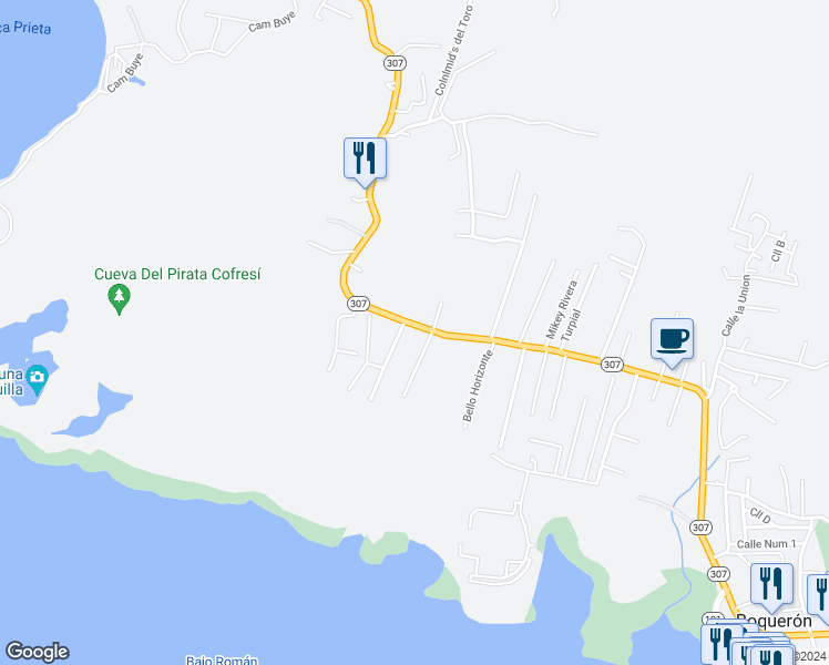 map of restaurants, bars, coffee shops, grocery stores, and more near Puerto Rico 307 in Cabo Rojo