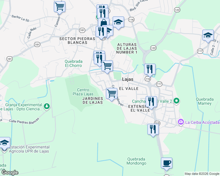 map of restaurants, bars, coffee shops, grocery stores, and more near in Lajas