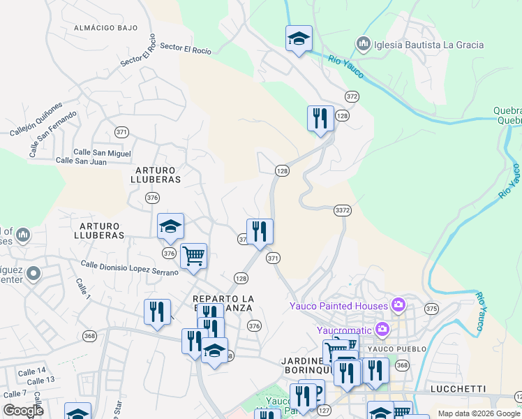 map of restaurants, bars, coffee shops, grocery stores, and more near Puerto Rico 128 in Yauco