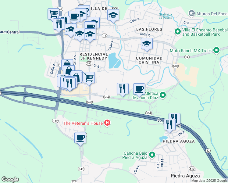 map of restaurants, bars, coffee shops, grocery stores, and more near 500 Calle Desvio Victor Cruz in Juana Díaz
