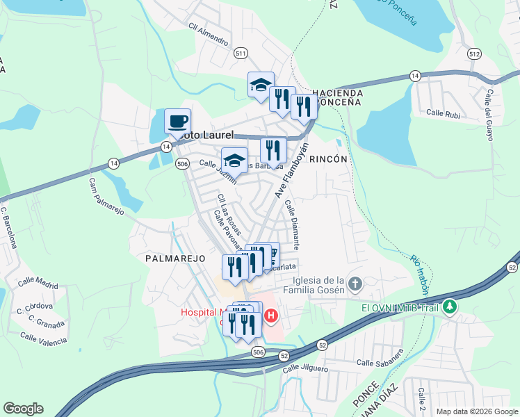 map of restaurants, bars, coffee shops, grocery stores, and more near Avenue Flamboyán in Coto Laurel