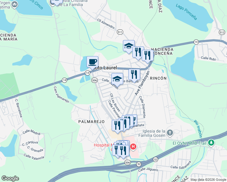 map of restaurants, bars, coffee shops, grocery stores, and more near in Coto Laurel