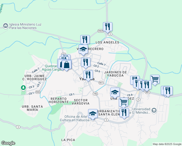 map of restaurants, bars, coffee shops, grocery stores, and more near Calle E in Yabucoa