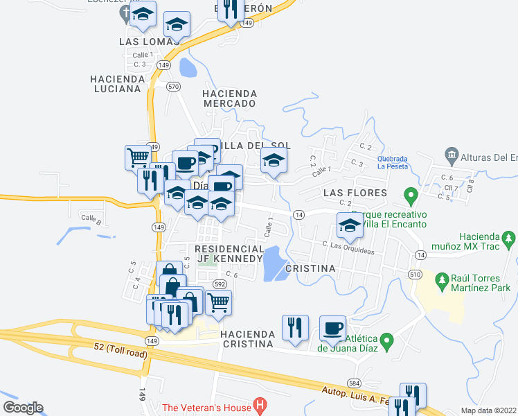map of restaurants, bars, coffee shops, grocery stores, and more near 86 Calle Comercio in Juana Díaz