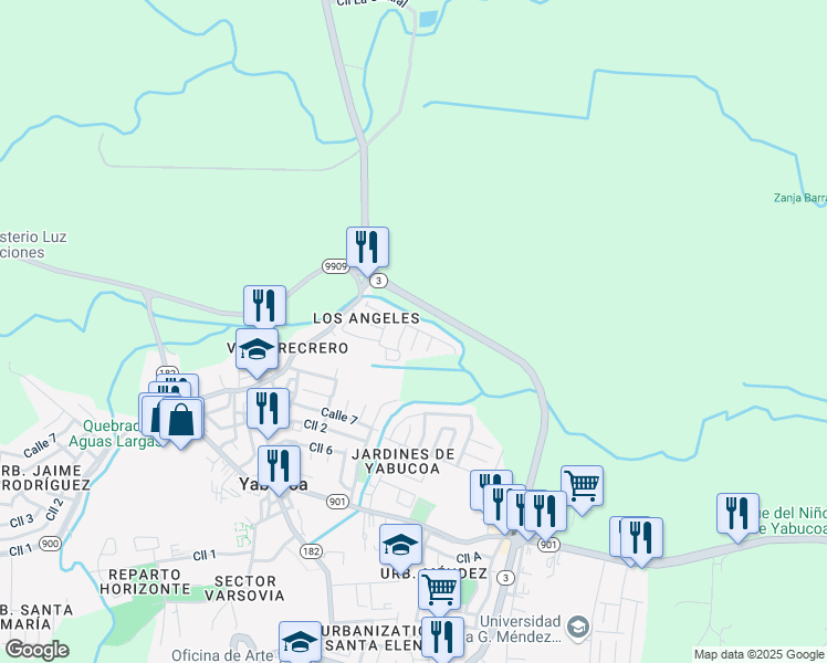 map of restaurants, bars, coffee shops, grocery stores, and more near Calle E in Yabucoa