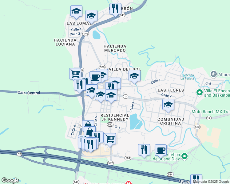 map of restaurants, bars, coffee shops, grocery stores, and more near in Juana Díaz