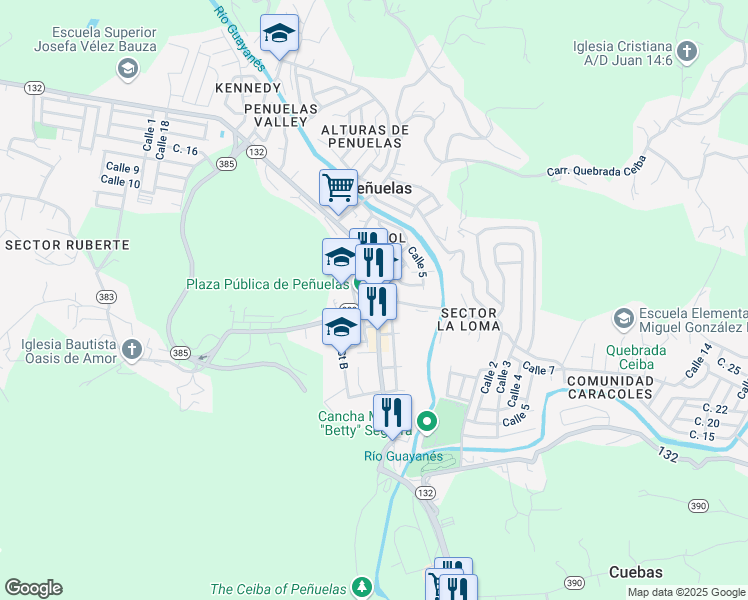 map of restaurants, bars, coffee shops, grocery stores, and more near Calle Luis Muñoz Rivera in Penuelas