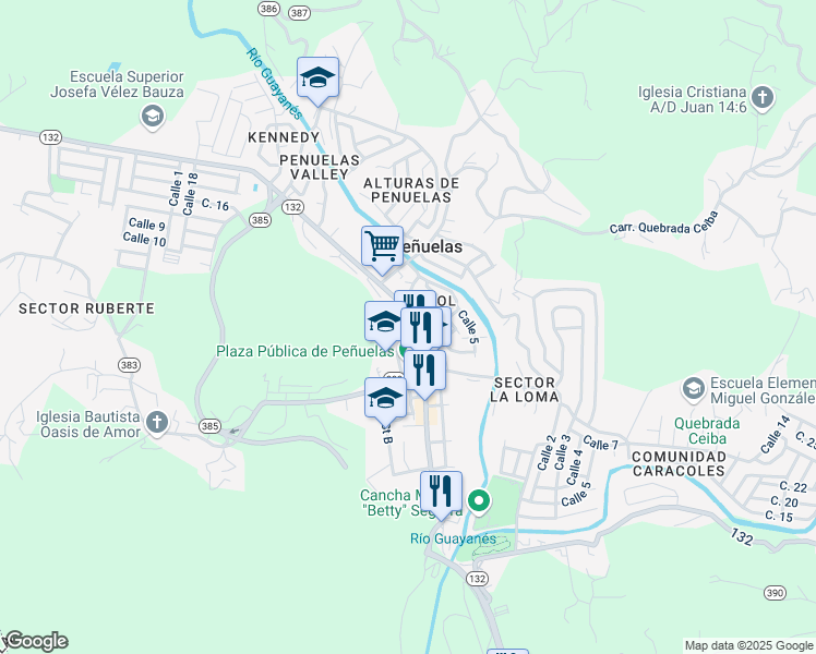 map of restaurants, bars, coffee shops, grocery stores, and more near Calle Luis Muñoz Rivera in Penuelas