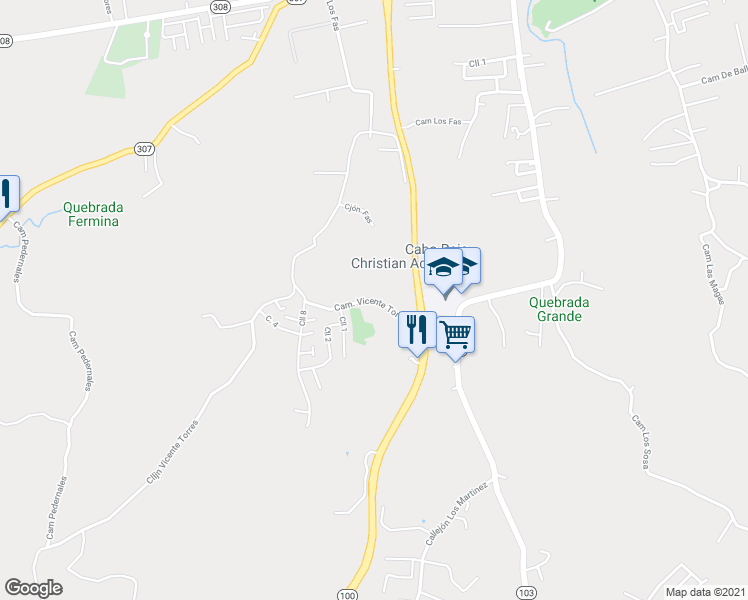 map of restaurants, bars, coffee shops, grocery stores, and more near Camino Vicente Torres in Pedernales