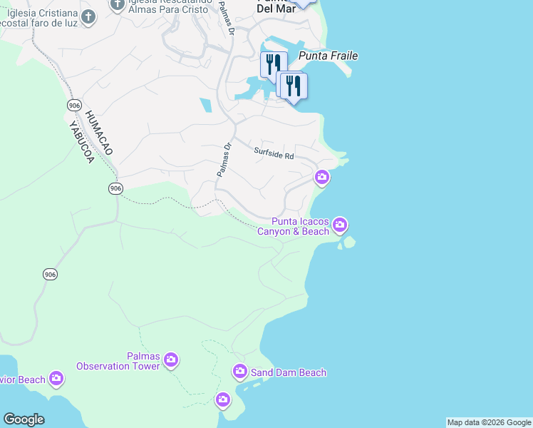 map of restaurants, bars, coffee shops, grocery stores, and more near Shell Caster Road in Humacao