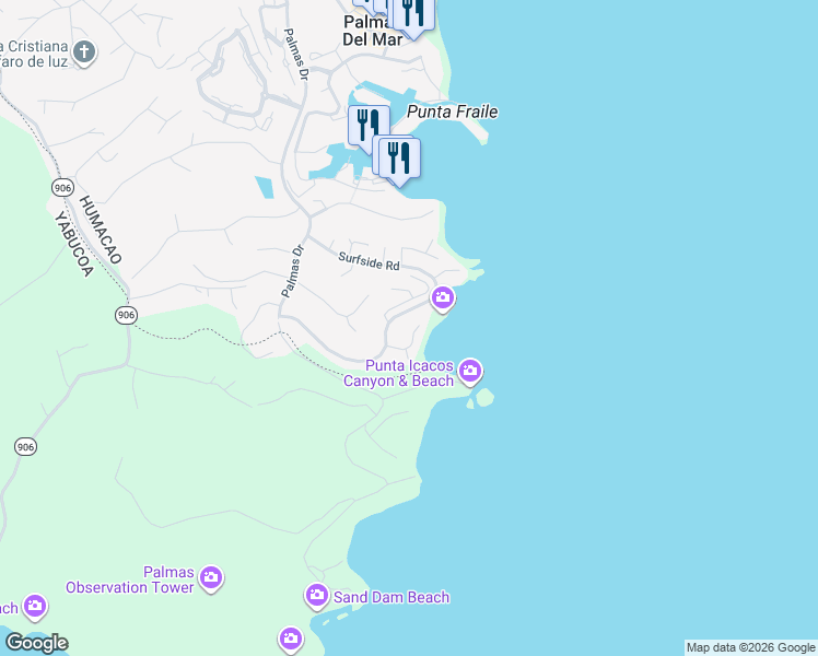 map of restaurants, bars, coffee shops, grocery stores, and more near Shell Castle Road in Humacao