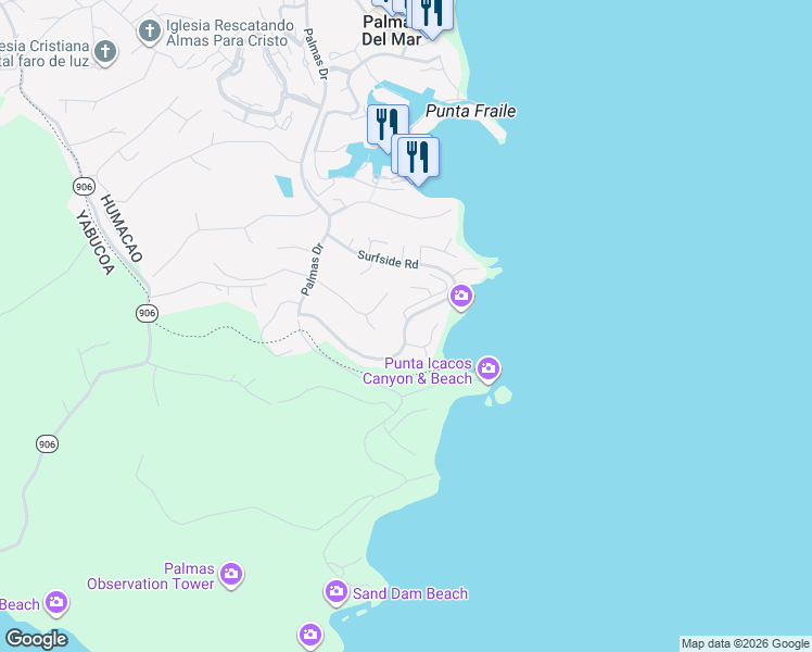 map of restaurants, bars, coffee shops, grocery stores, and more near Shell Castle Road in Humacao