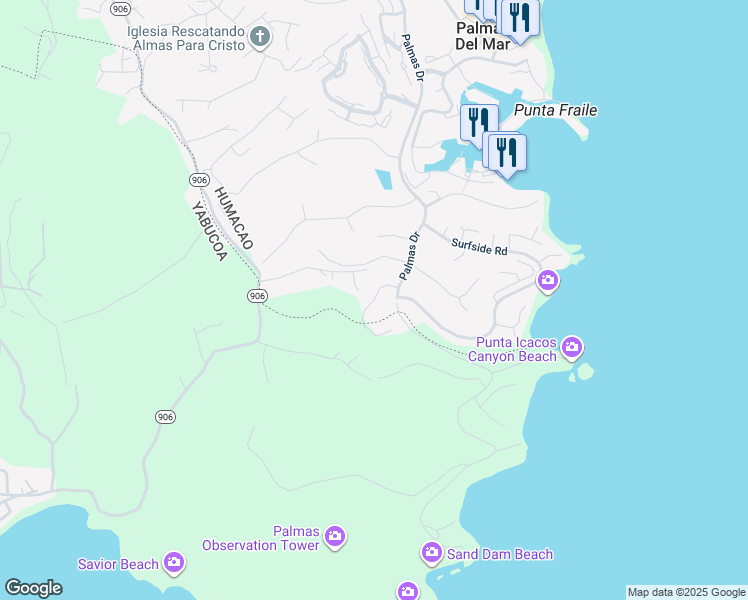 map of restaurants, bars, coffee shops, grocery stores, and more near Cocoloba Street in Palmas del Mar
