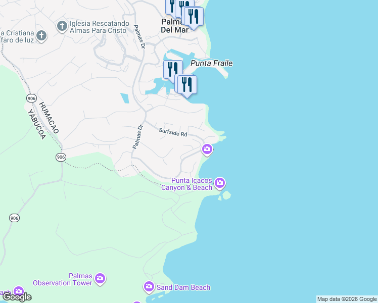 map of restaurants, bars, coffee shops, grocery stores, and more near Shell Castle Club in Humacao