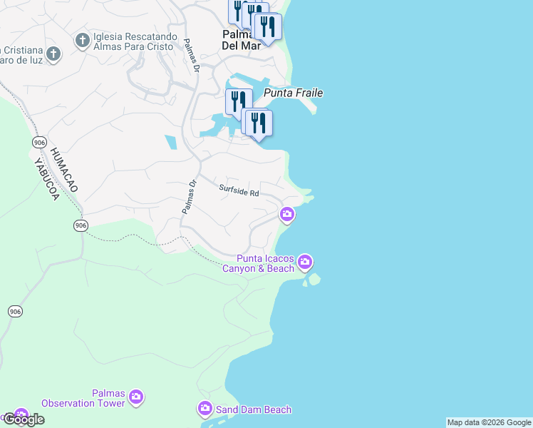 map of restaurants, bars, coffee shops, grocery stores, and more near Shell Castle Road in Humacao