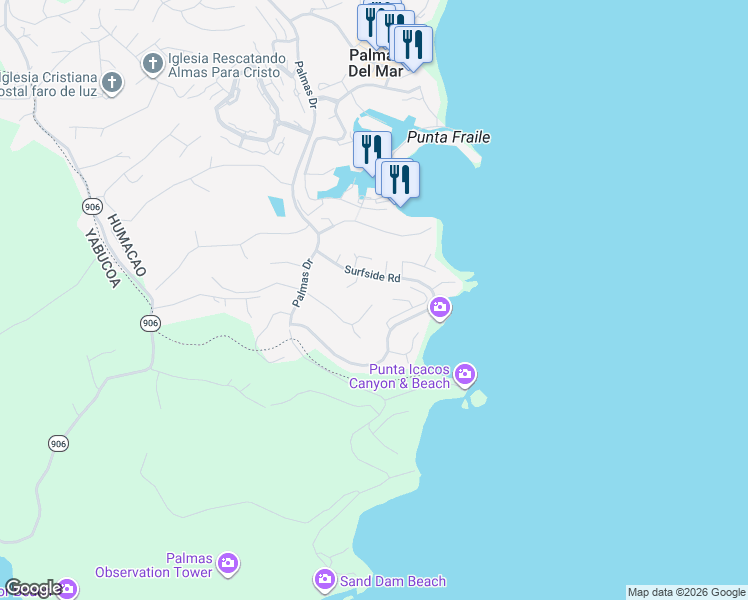 map of restaurants, bars, coffee shops, grocery stores, and more near Surfside Road in Humacao