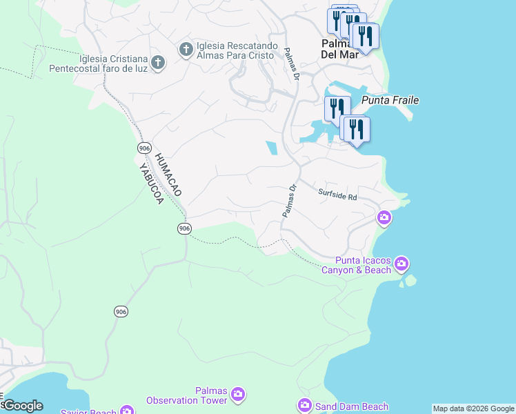 map of restaurants, bars, coffee shops, grocery stores, and more near Roble Valley in Palmas del Mar