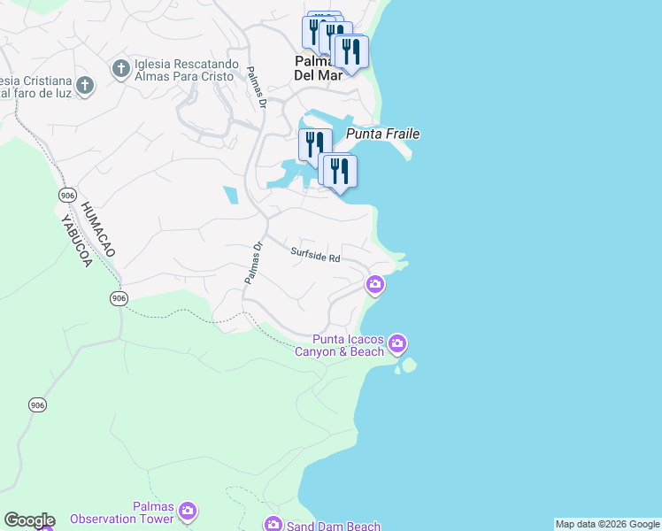 map of restaurants, bars, coffee shops, grocery stores, and more near Surfside Road in Humacao