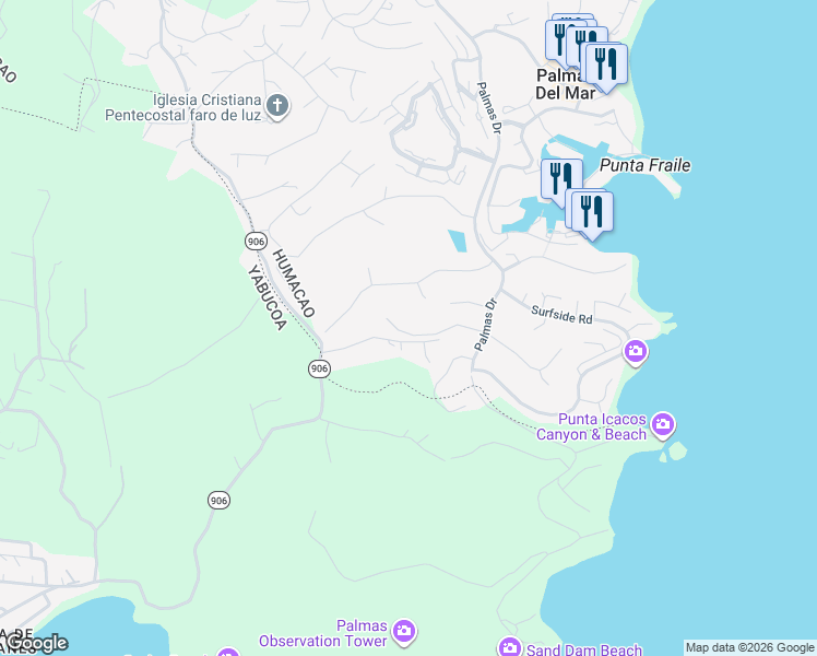 map of restaurants, bars, coffee shops, grocery stores, and more near Roble Valley in Humacao