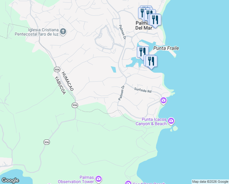 map of restaurants, bars, coffee shops, grocery stores, and more near Roble Valley in Humacao