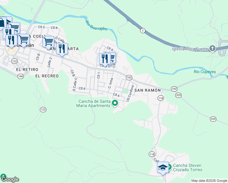 map of restaurants, bars, coffee shops, grocery stores, and more near 249 Calle Toledo in San Germán