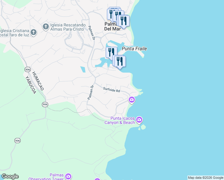 map of restaurants, bars, coffee shops, grocery stores, and more near Surfside Road in Humacao