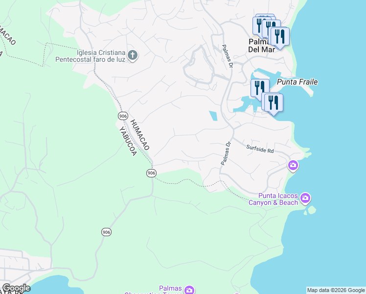 map of restaurants, bars, coffee shops, grocery stores, and more near Roble Valley in Humacao