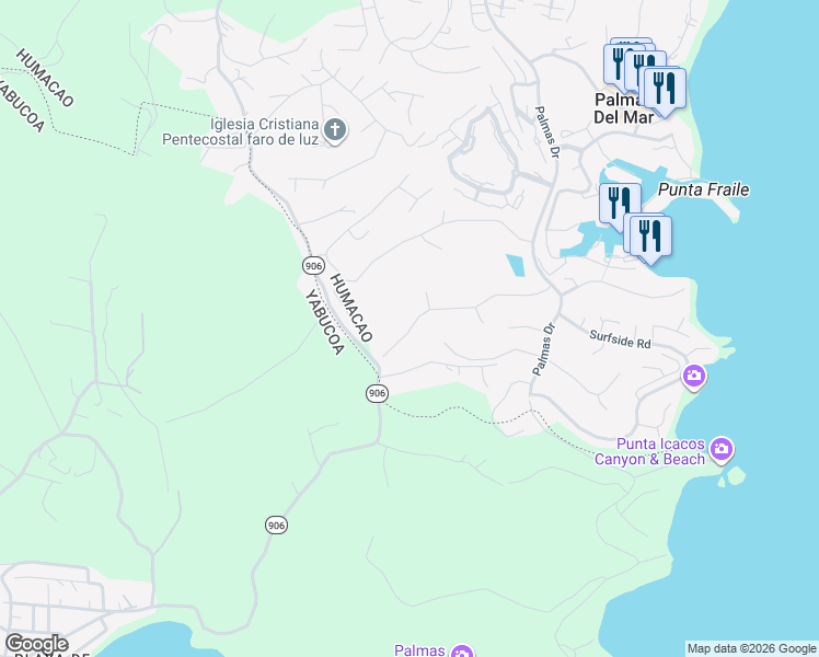 map of restaurants, bars, coffee shops, grocery stores, and more near Port Road in Humacao