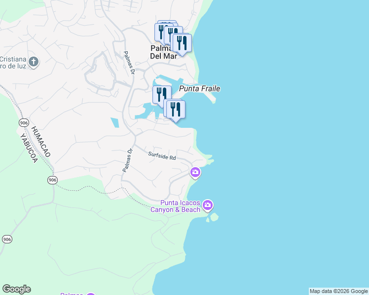 map of restaurants, bars, coffee shops, grocery stores, and more near Harbor View Street in Humacao