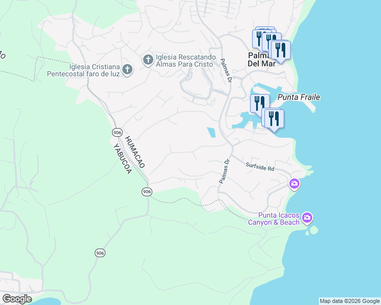 map of restaurants, bars, coffee shops, grocery stores, and more near Port Road in Humacao