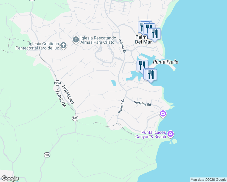 map of restaurants, bars, coffee shops, grocery stores, and more near Port Road in Humacao