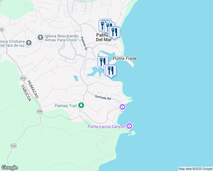 map of restaurants, bars, coffee shops, grocery stores, and more near Harbor View Street in Humacao