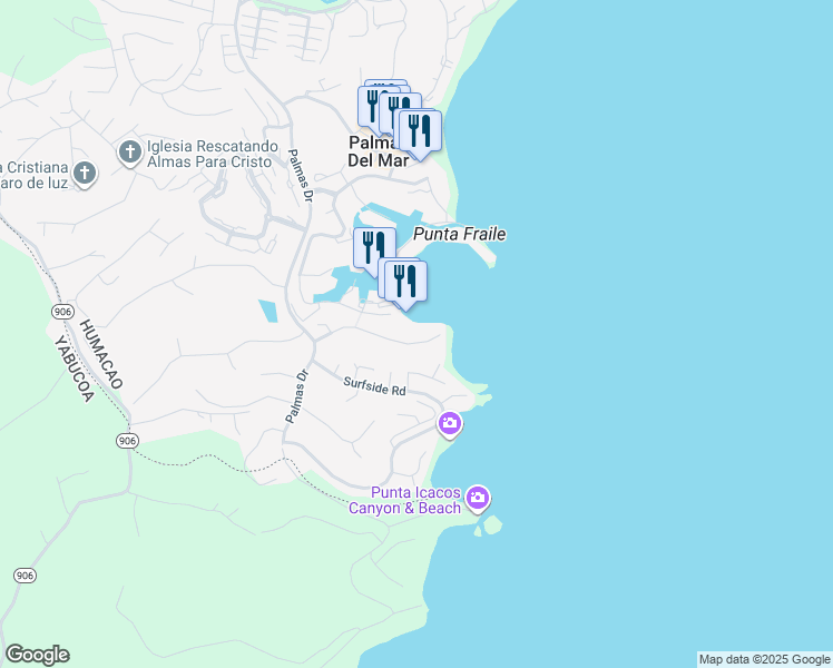 map of restaurants, bars, coffee shops, grocery stores, and more near Harbor View Street in Humacao