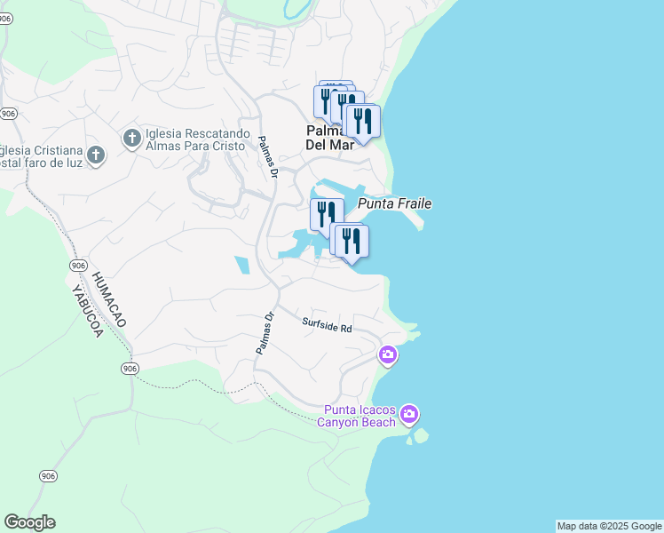map of restaurants, bars, coffee shops, grocery stores, and more near Harbour Drive in Humacao