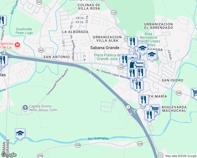 map of restaurants, bars, coffee shops, grocery stores, and more near 2 in Sabana Grande