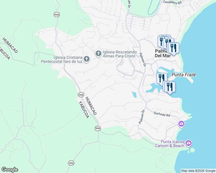 map of restaurants, bars, coffee shops, grocery stores, and more near Harbourlights Road in Humacao