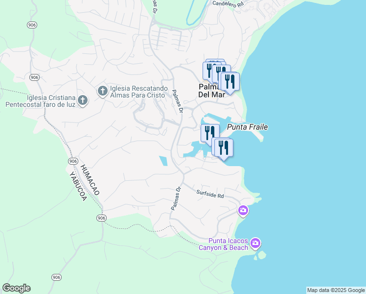 map of restaurants, bars, coffee shops, grocery stores, and more near Plaza Mayor in Humacao
