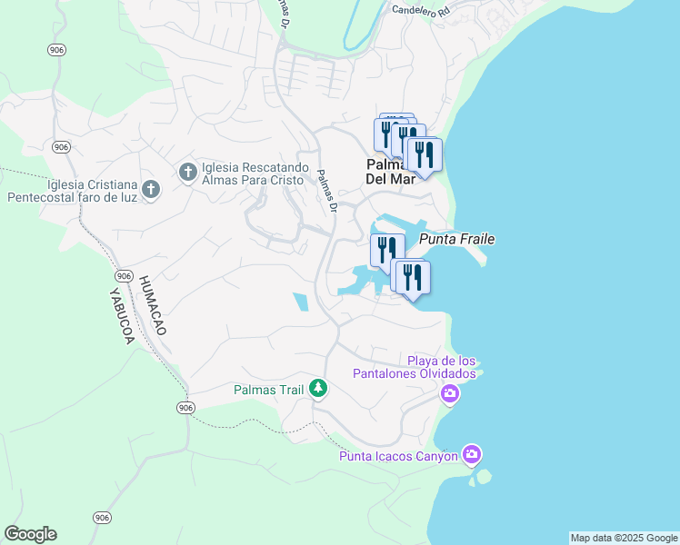 map of restaurants, bars, coffee shops, grocery stores, and more near Plaza Mayor in Humacao