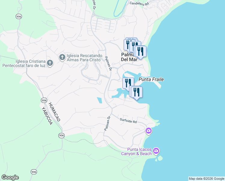 map of restaurants, bars, coffee shops, grocery stores, and more near Plaza Mayor in Humacao