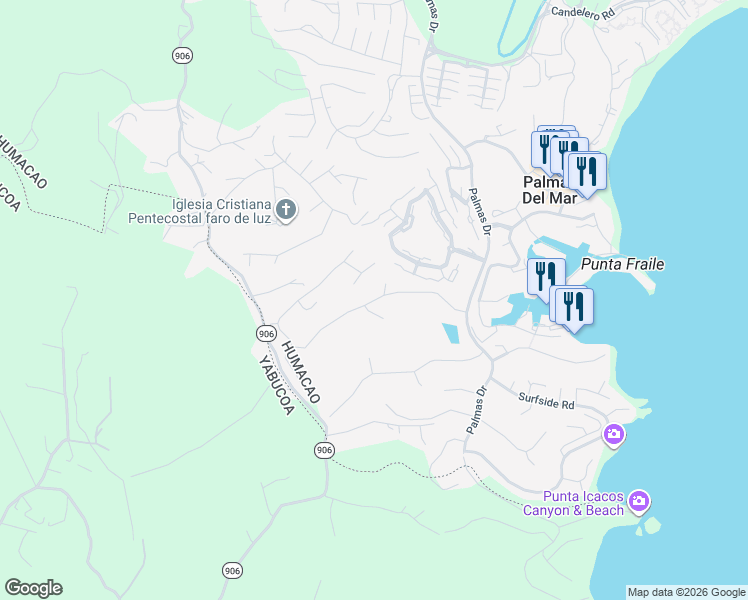 map of restaurants, bars, coffee shops, grocery stores, and more near Harbourlights Road in Humacao