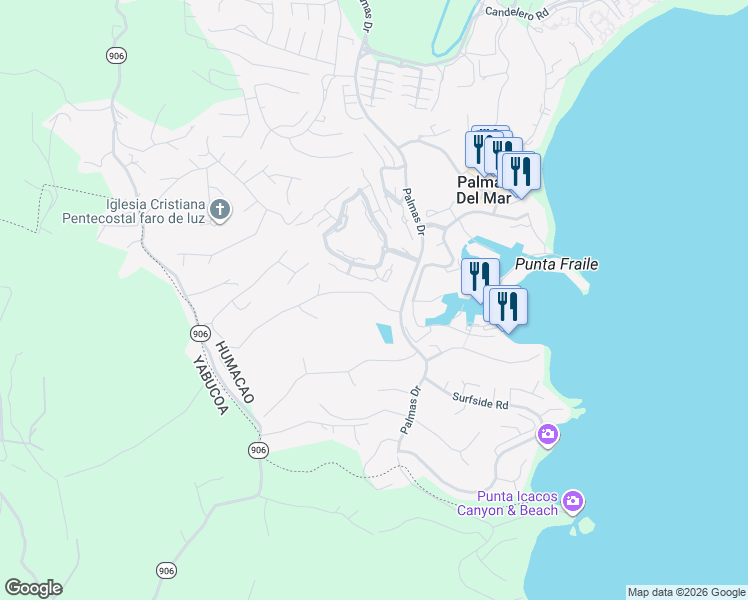 map of restaurants, bars, coffee shops, grocery stores, and more near Harbourlights Road in Humacao