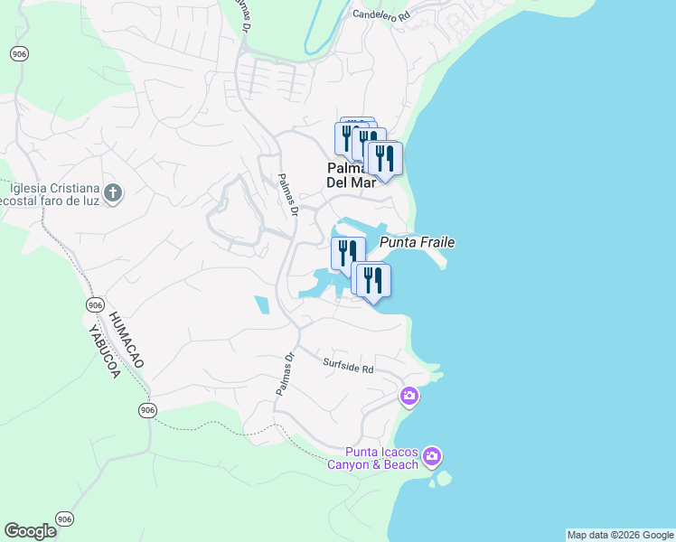 map of restaurants, bars, coffee shops, grocery stores, and more near 6 Seascape Peninsula in Palmas del Mar