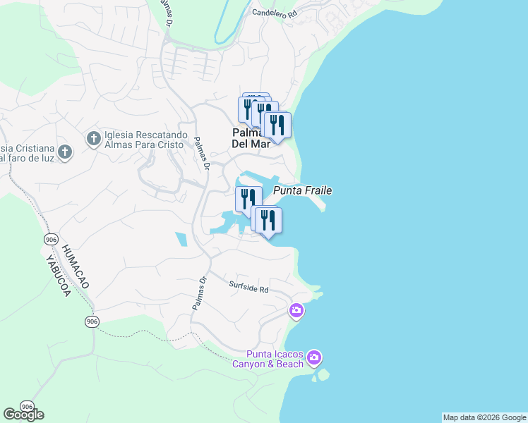 map of restaurants, bars, coffee shops, grocery stores, and more near Harbour Drive in Humacao