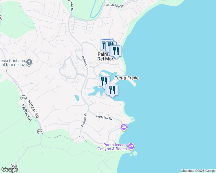 map of restaurants, bars, coffee shops, grocery stores, and more near Harbour Drive in Humacao