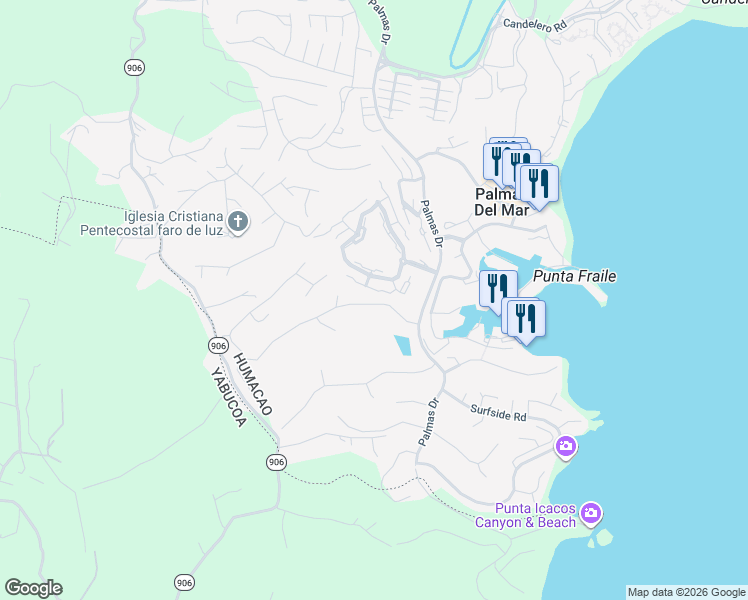 map of restaurants, bars, coffee shops, grocery stores, and more near Unnamed Road in Palmas del Mar