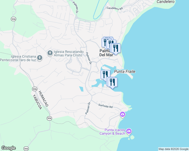 map of restaurants, bars, coffee shops, grocery stores, and more near Harbour Drive in Humacao