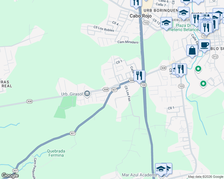 map of restaurants, bars, coffee shops, grocery stores, and more near Puerto Rico 308 in Cabo Rojo